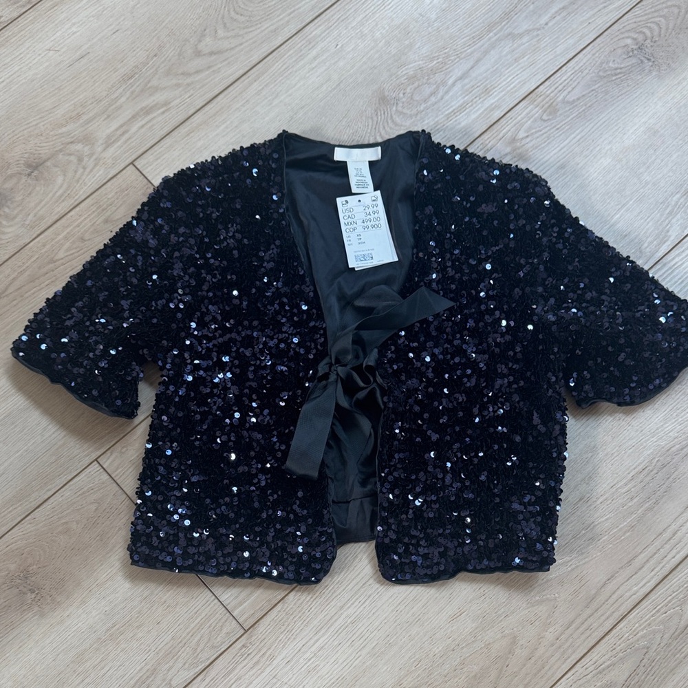 H&M Black/Blue Sequin Short Sleeve Jacket NWT SZ XS